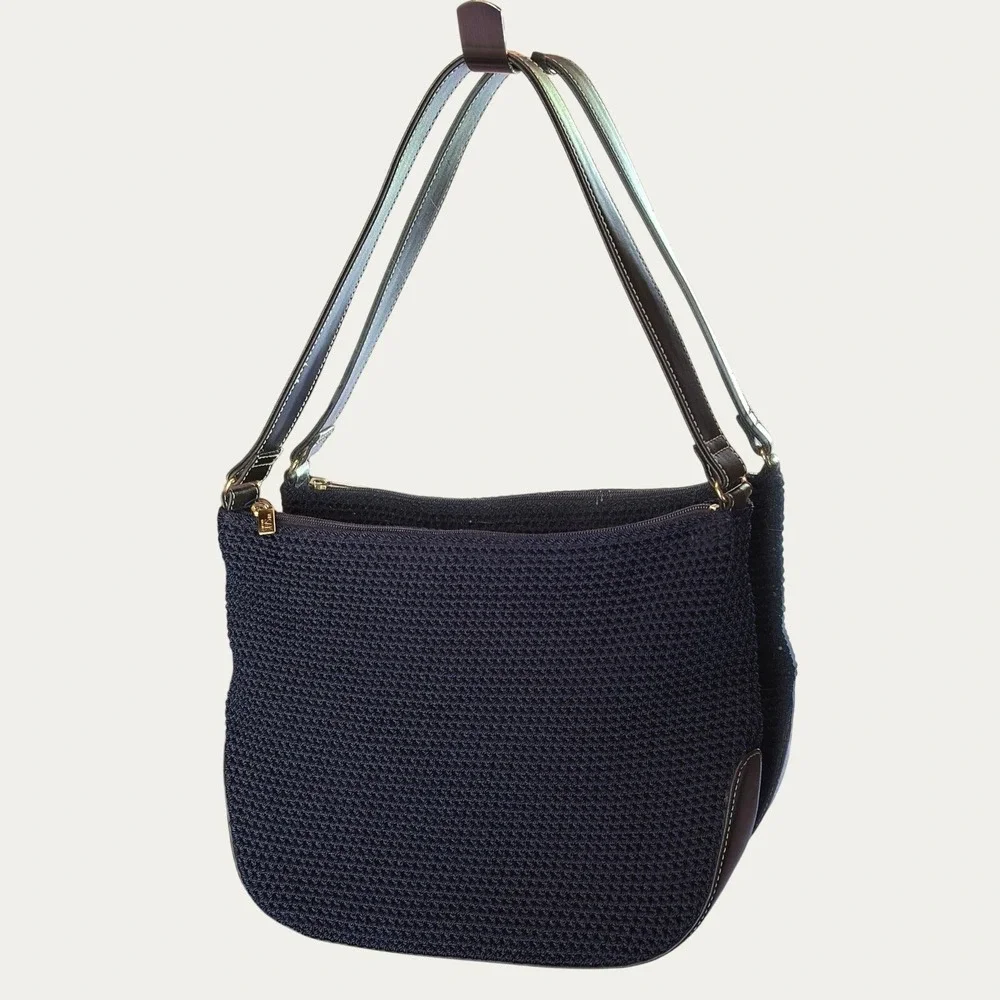 The‎ Sak Elliott Lucca Navy Blue Crochet Knit Leather Trim Hobo Shoulder Bag